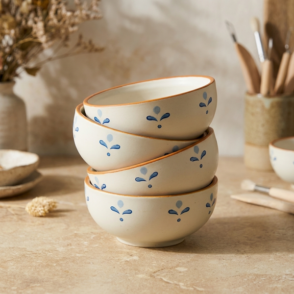 The Folklore Katori, 180ml — set of 4 hero shot with cobalt blossom motif