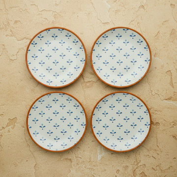 The Folklore Quarter Plate, 18cm — set of 4 flatlay in hand-placed cobalt blossom motif