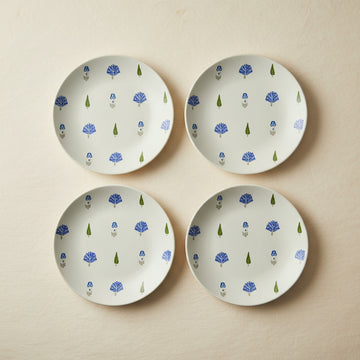 The Solitude Quarter Plate, 18cm — set of 4 flatlay with cobalt motif at centre