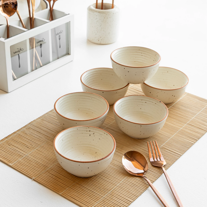Beautiful 180ml ceramic bowls in speckled sand finish, lead-free and safe for home dining set of 6.