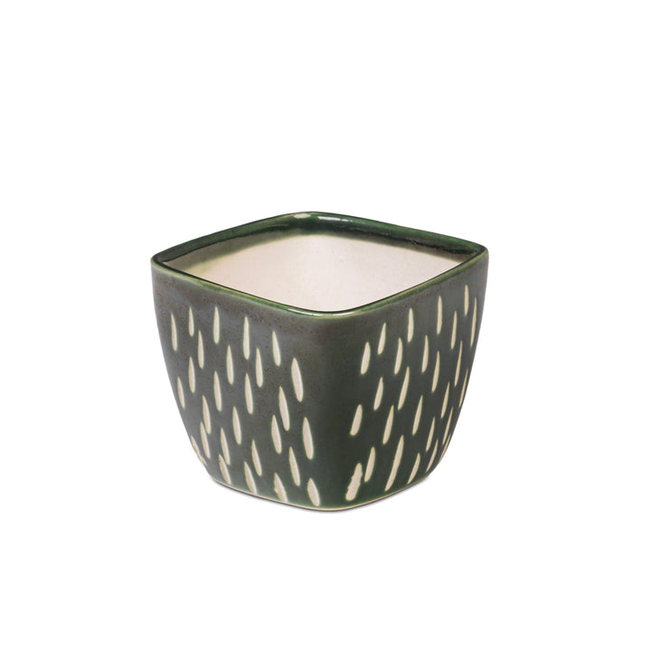 Display image of Square green ceramic planter with a unique teardrop pattern and a smooth matte finish.