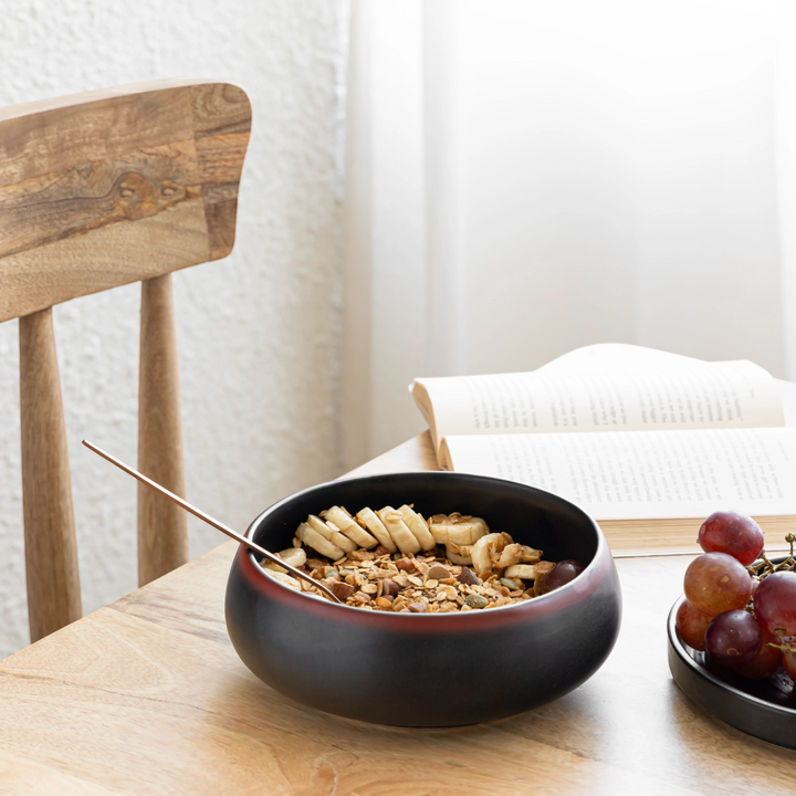 600ml handmade black ceramic bowl with red rim, non-toxic, perfect for soup, salad, dessert.