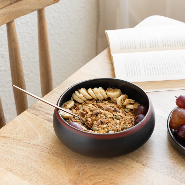 600ml ceramic serving bowl in black with red rim, handmade, safe for salad, soup, dessert.