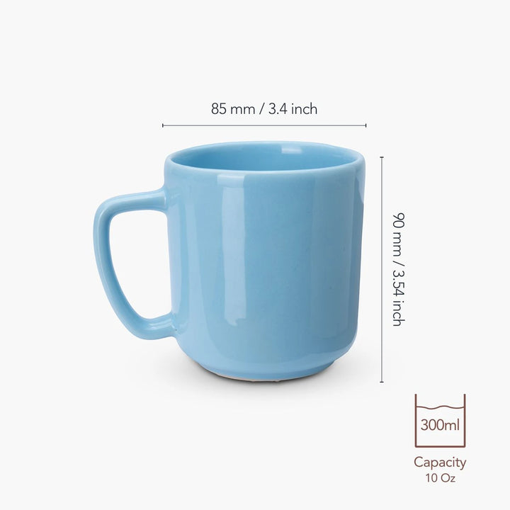 Blue mug with dimensions and capacity label on a white background
