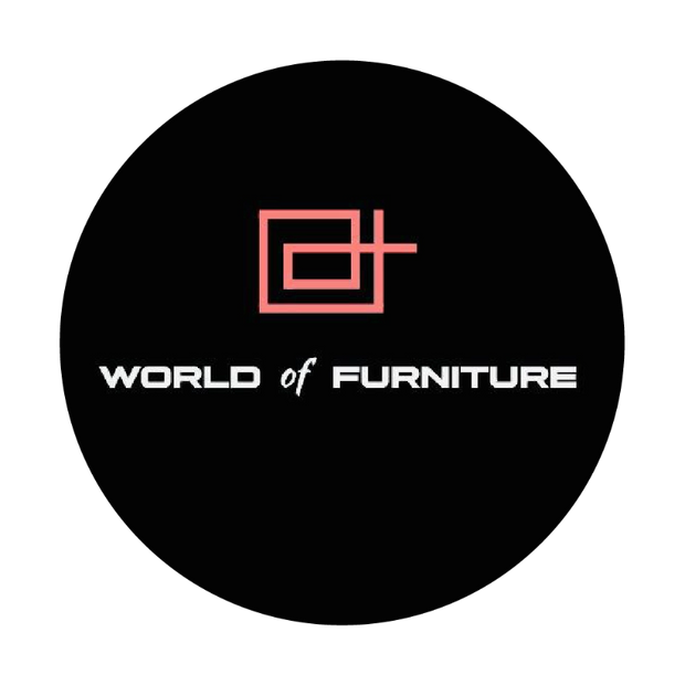 Logo of World of Furniture with a black circle background