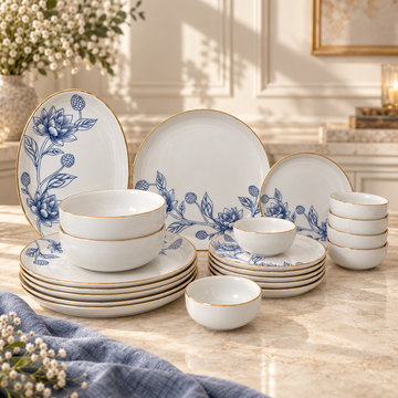 Gold Dinner Set, 21-piece blue floral porcelain with 22K gold rims, complete set