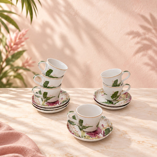 Claymistry Palm porcelain tea cup and saucer set of six, styled complete display