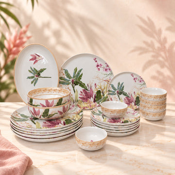 Claymistry Palm 21 piece porcelain dinner set, complete botanical editorial display