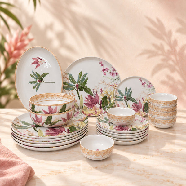 Claymistry Palm 21 piece porcelain dinner set, complete botanical editorial display