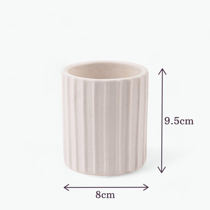 Dimension 9.5cm*8cm small chalk white ceramic planter with ribbed finish for your plant's perfect home.