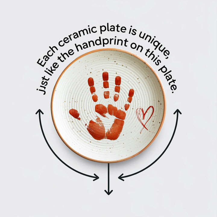 Each ceramic plate is unique, just like the handprint on this plate.