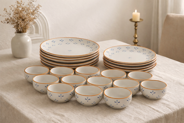 Folklore 24-Piece Ceramic Dinner Set, 6 Dinner Plates — handcrafted Indian ceramic dinner set