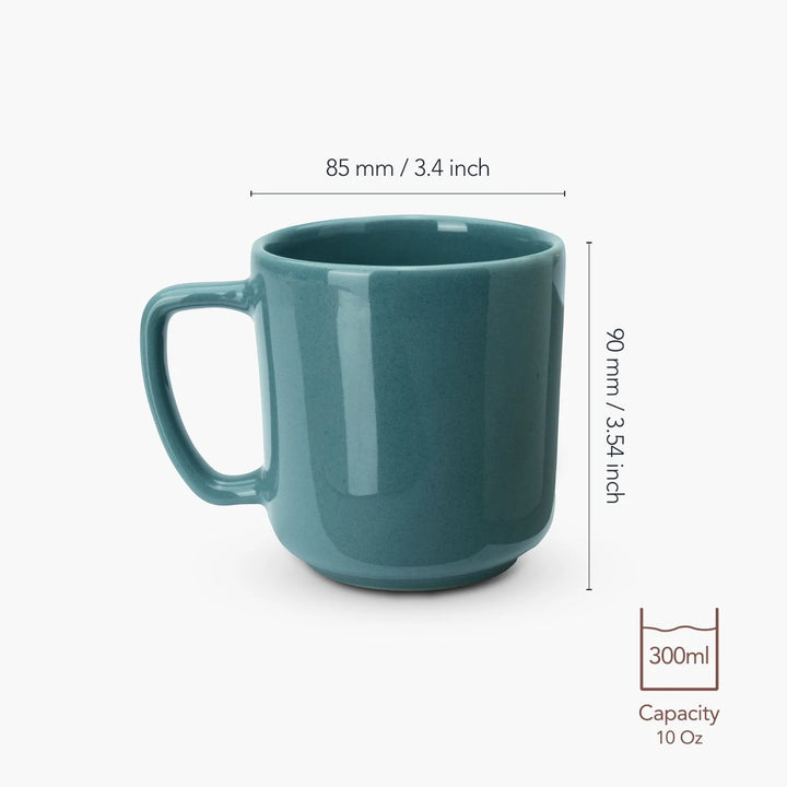 Teal mug with dimensions and capacity label on a white background