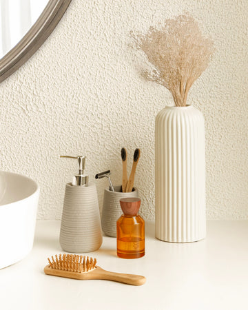 Ribbed Vanilla Silk Vase — handcrafted Indian ceramic vase