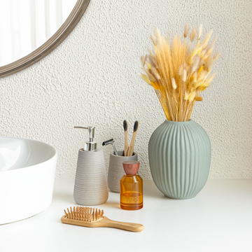 Sea-green Ribbed Matcha Pearl Vase — handcrafted Indian ceramic vase