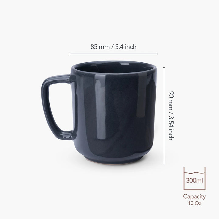 Blue mug with dimensions and capacity label on a white background