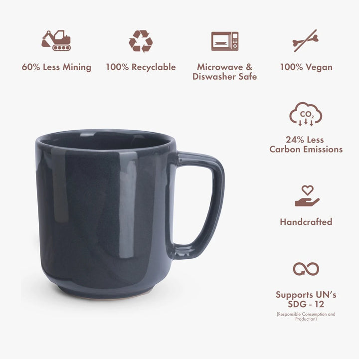 Navy Blue mug with sustainability icons and text on a white background