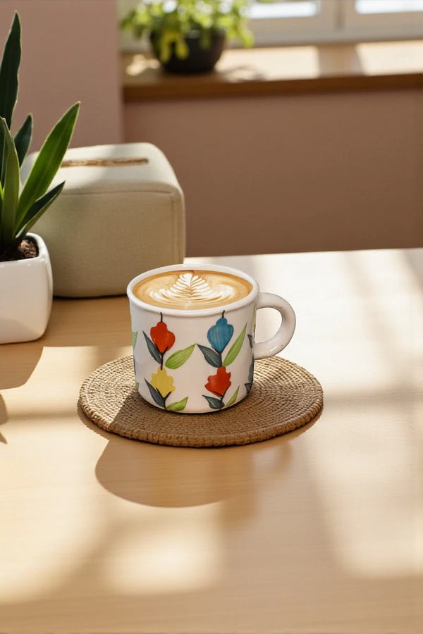 Colorful coffee mug with a floral design on a wooden table with plants in the background