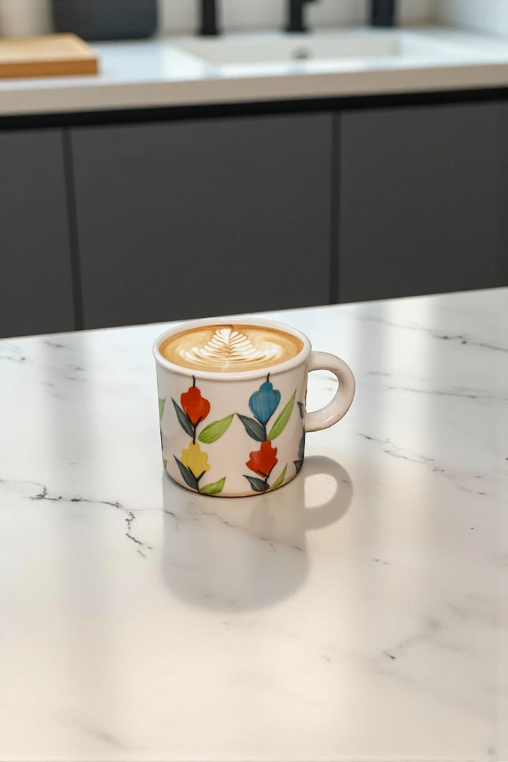 Colorful mug with a cappuccino on a kitchen counter