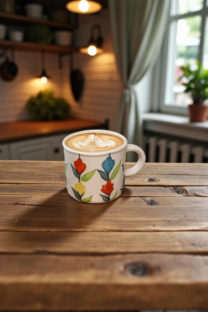 Colorful mug with a floral design on a wooden table in a cozy kitchen setting.
