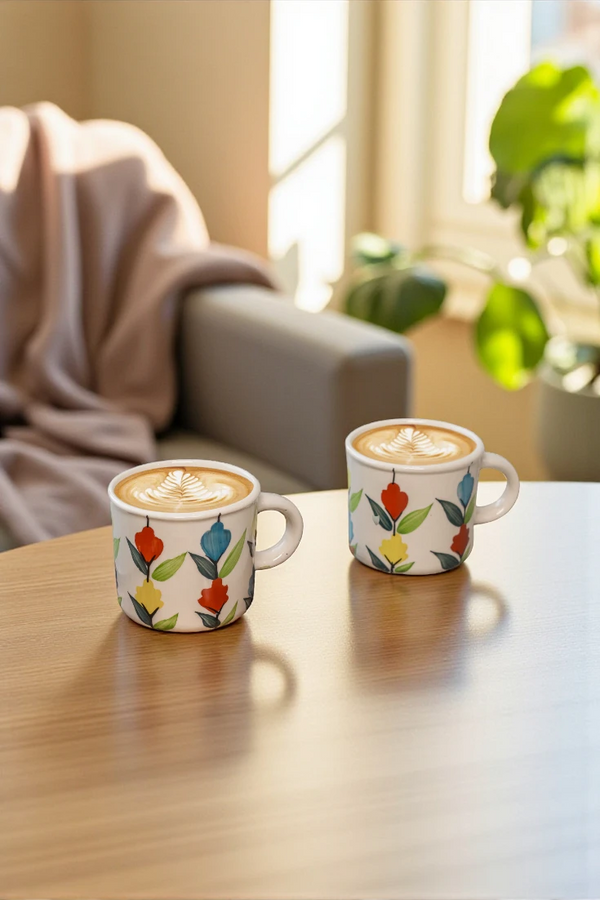 Two floral-patterned mugs with cappuccino on a wooden table, with a blurred indoor background.