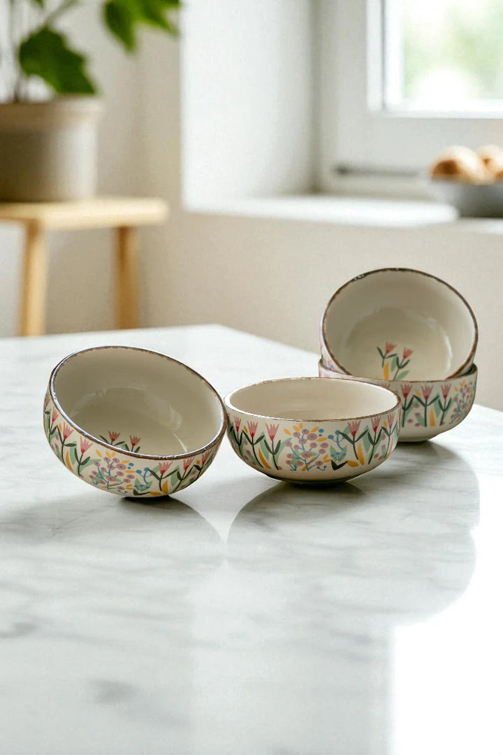 "Pink Dawn Bowl Set": luxury ceramic 500ml bowls online (Set of 4) with pink flowers for dining. Share those dishes with artisan from Claymistry, showcasing high quality to family.