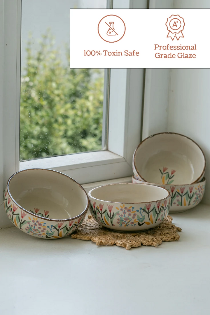 "Pink Dawn Bowl": 500ml luxury ceramic bowl online, adorned with pink flowers. Use its wide mouth to showcase small floral arrangements; shop this artisan dual-purpose bowl from Claymistry – both a serving dish and unique table centerpiece.