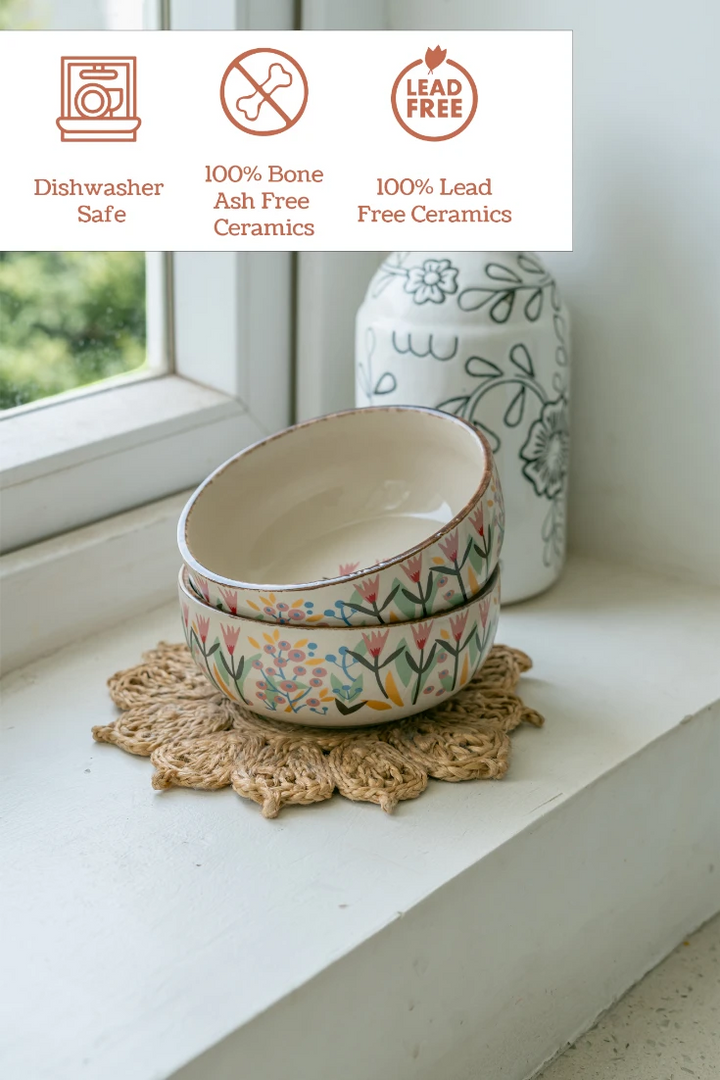 "Pink Dawn Bowl": 500ml luxury ceramic bowl online, adorned with pink flowers. Use its wide mouth to showcase small floral arrangements; shop this artisan dual-purpose bowl from Claymistry – both a serving dish and unique table centerpiece.
