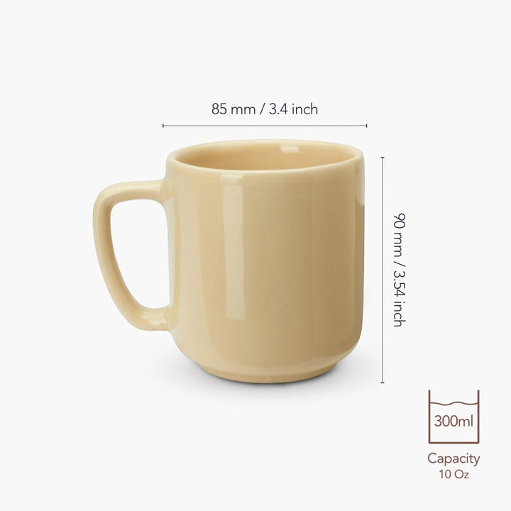 Beige mug with dimensions and capacity details on a white background