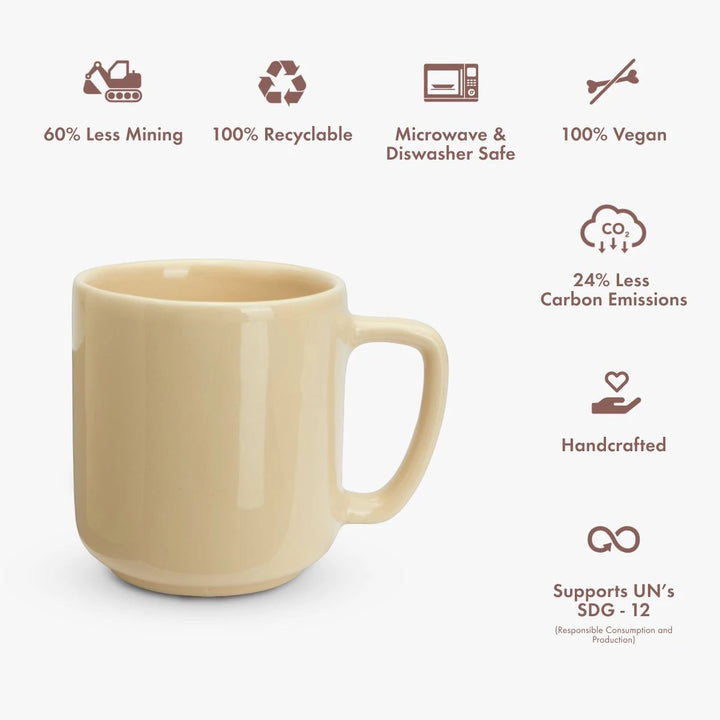 Beige mug with sustainability icons and text on a white background