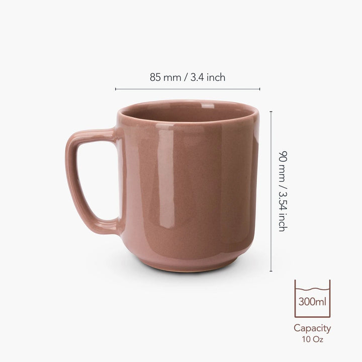 Brown mug with dimensions and capacity label on a white background