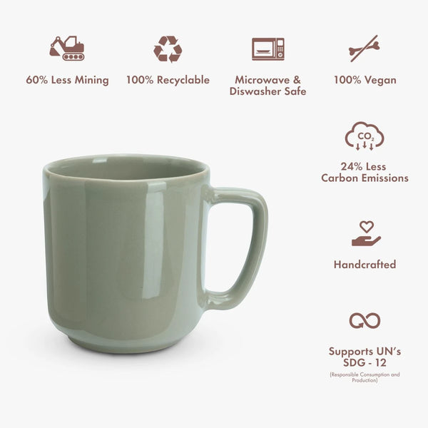 Green mug with sustainability icons and text on a white background
