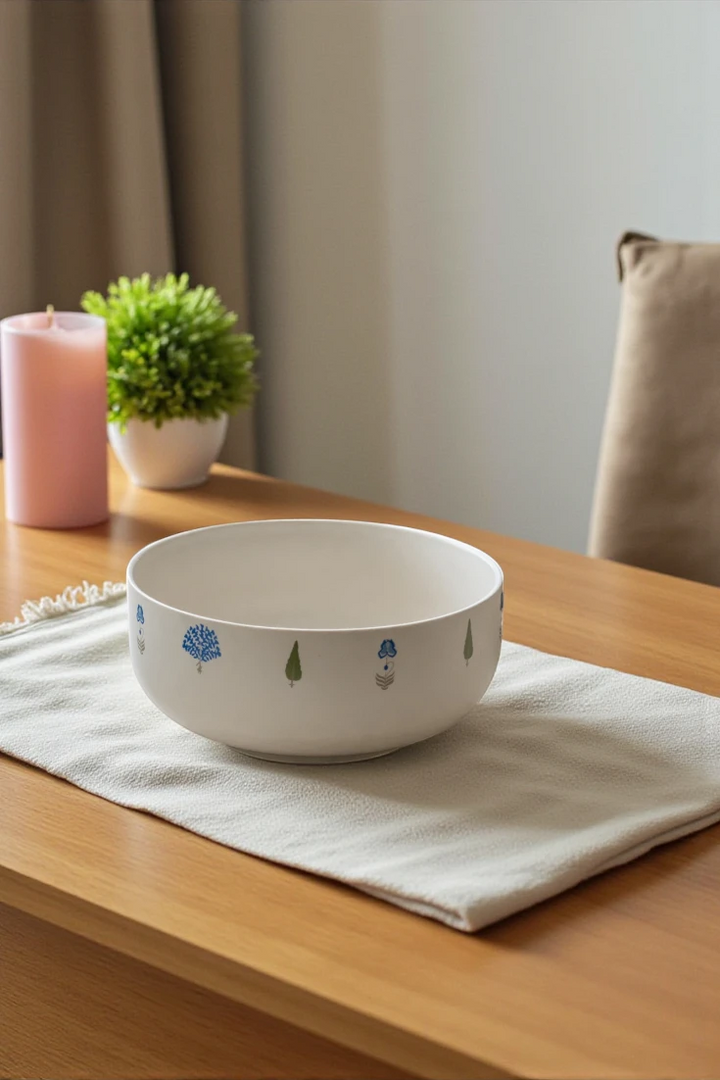 Elegant The Solitude luxury ceramic bowl with subtle blue and green tree motifs, placed on a light placemat on a wooden table, beside a pink candle and greenery, showcasing its role as serene artisanal home decor and elegant ceramic dinnerware.