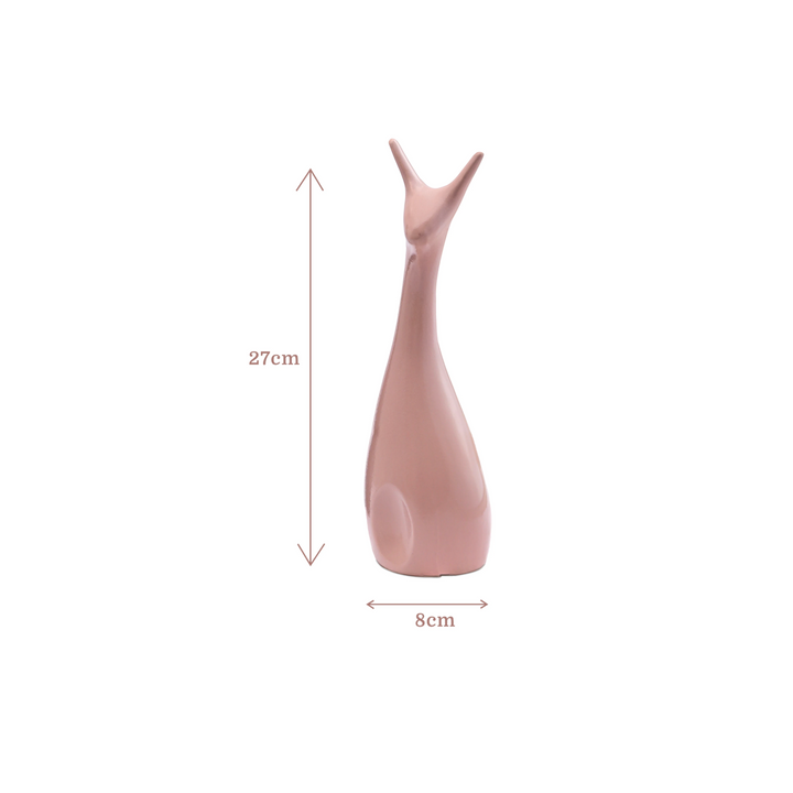 Dimension 27cm*8cm of the pink ceramic deer figurine, part of set of three ceramic figurine.
