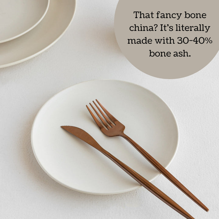 Aesthetically designed white ceramic dinner set, bone ash-free and perfectly rounded.