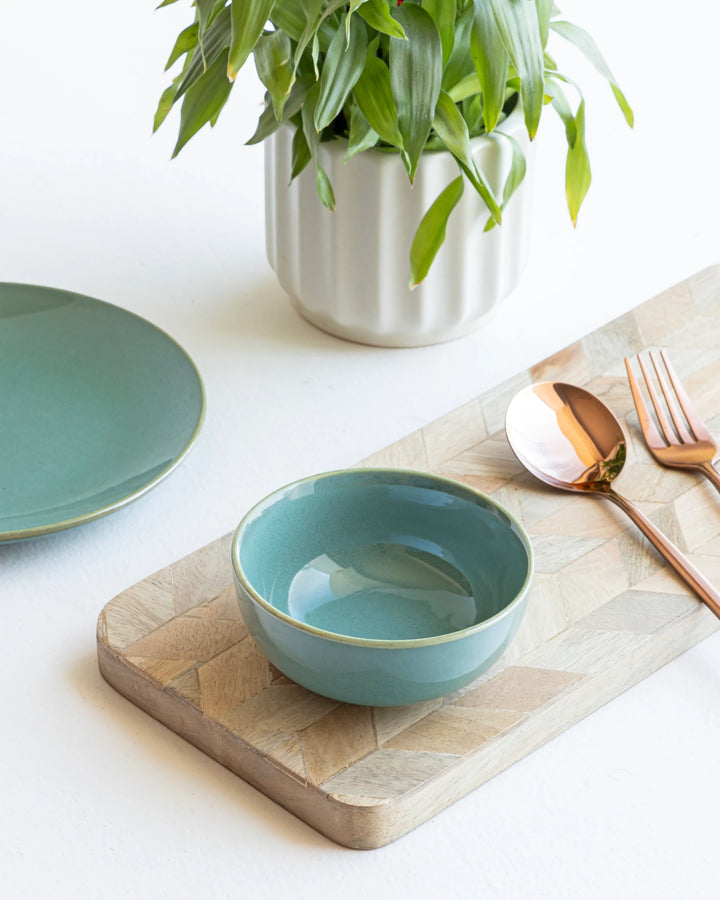 Artisan-made 180ml bowls in seafoam green, safe, durable and pretty for home dining.