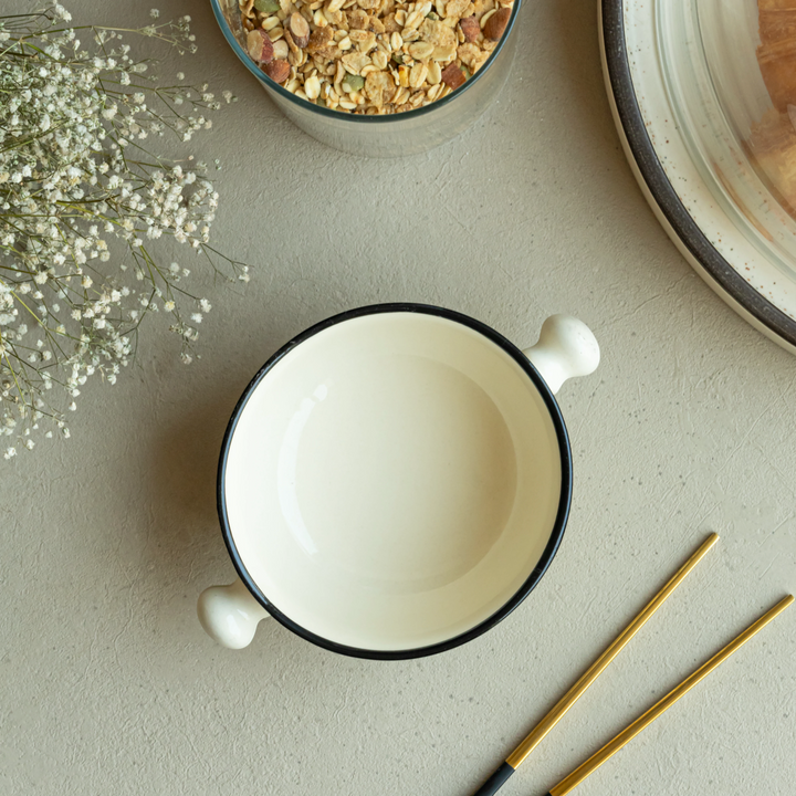 Colorful 280ml artisan ceramic bowls with handles, bone ash-free and stylishly safe