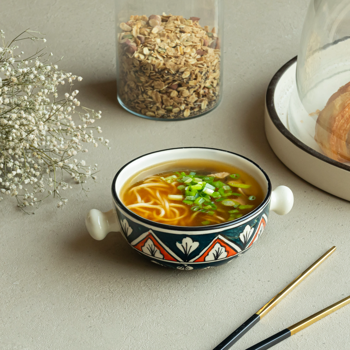 Beautiful 280ml ceramic bowls with colorful geometric glaze, handles, safe and sustainable dining.