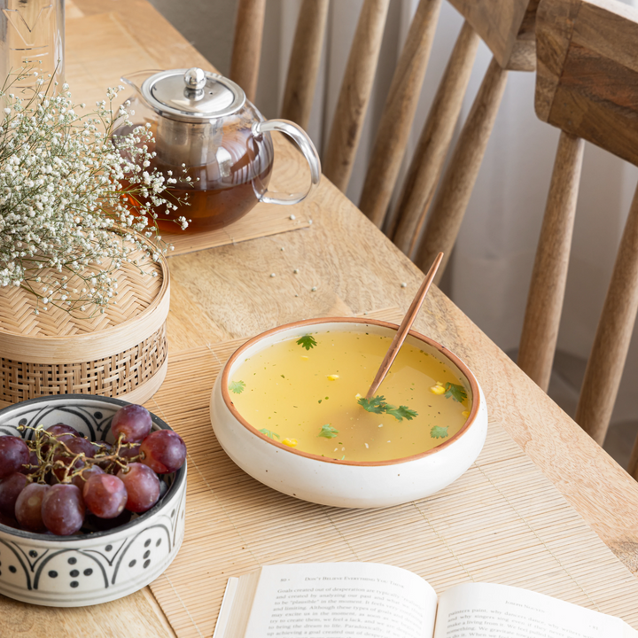 Handmade beige ceramic serving bowl with brown rim, 500ml, non-toxic and dishwasher safe