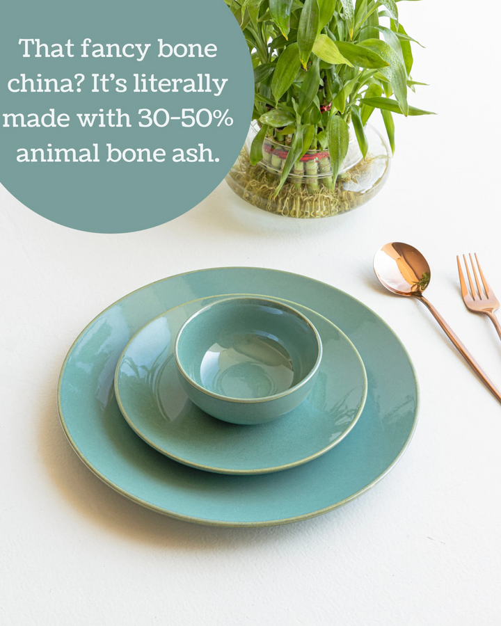 Bone ash-free quarter plate with seafoam green glaze, durable, handmade, and safe for daily use.
