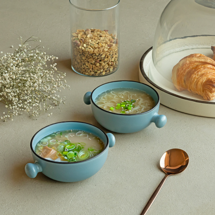 Stylish handmade ceramic bowl set in deep sea blue, 280ml, safe, durable and pretty with handles.