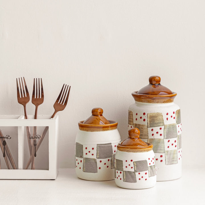 elevate your kitchen decor with Indian design ceramic jars with lid.