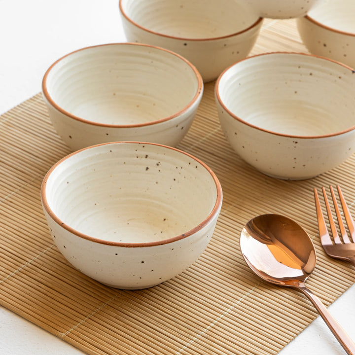 Set of 6 sand-colored ceramic bowls, 180ml with speckled glaze, handmade and toxin-free design.