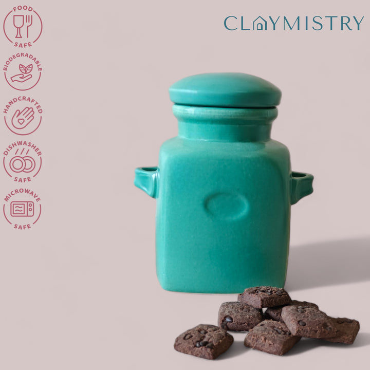 Teal ceramic jar with secure lid and food-safe, dishwasher and microwave safe, toxin free.