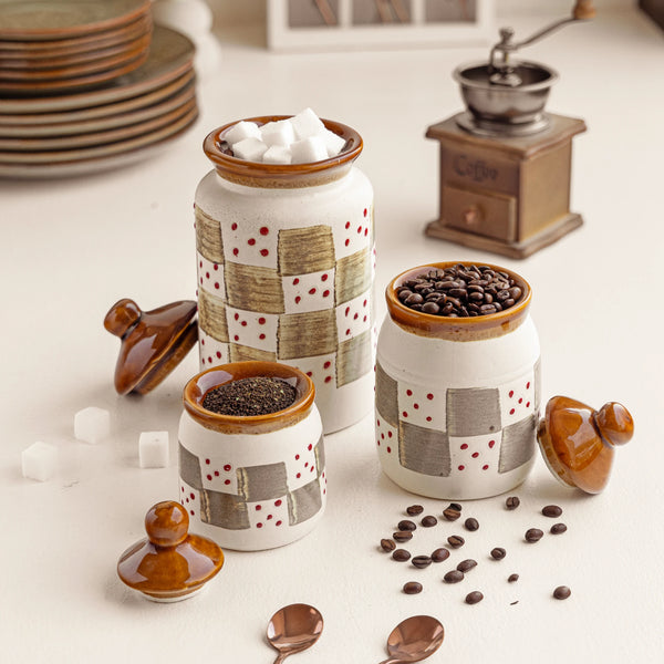 beautifully designed ceramic storage containers, in set of three, ceramic tea coffee and sugar canisters