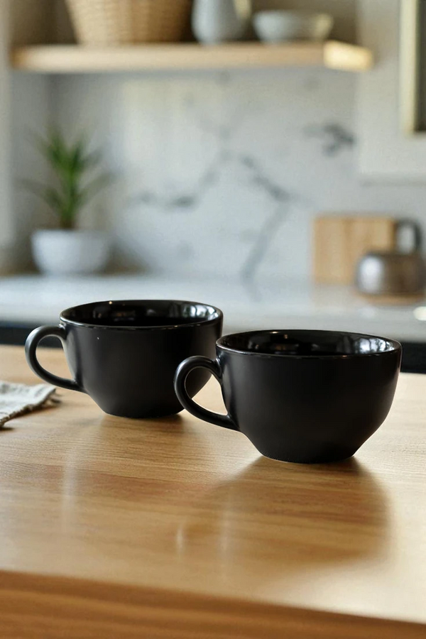Two black ceramic mugs on a wooden surface with a blurred kitchen background.