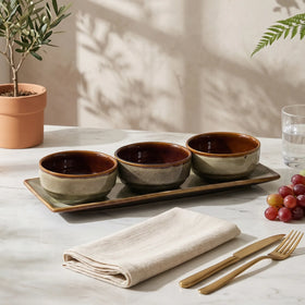 Grove four piece serving set in a two tone olive reactive glaze
