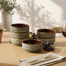Grove ceramic katori bowls, set of six, sage green speckled outside with a deep brown gloss inside