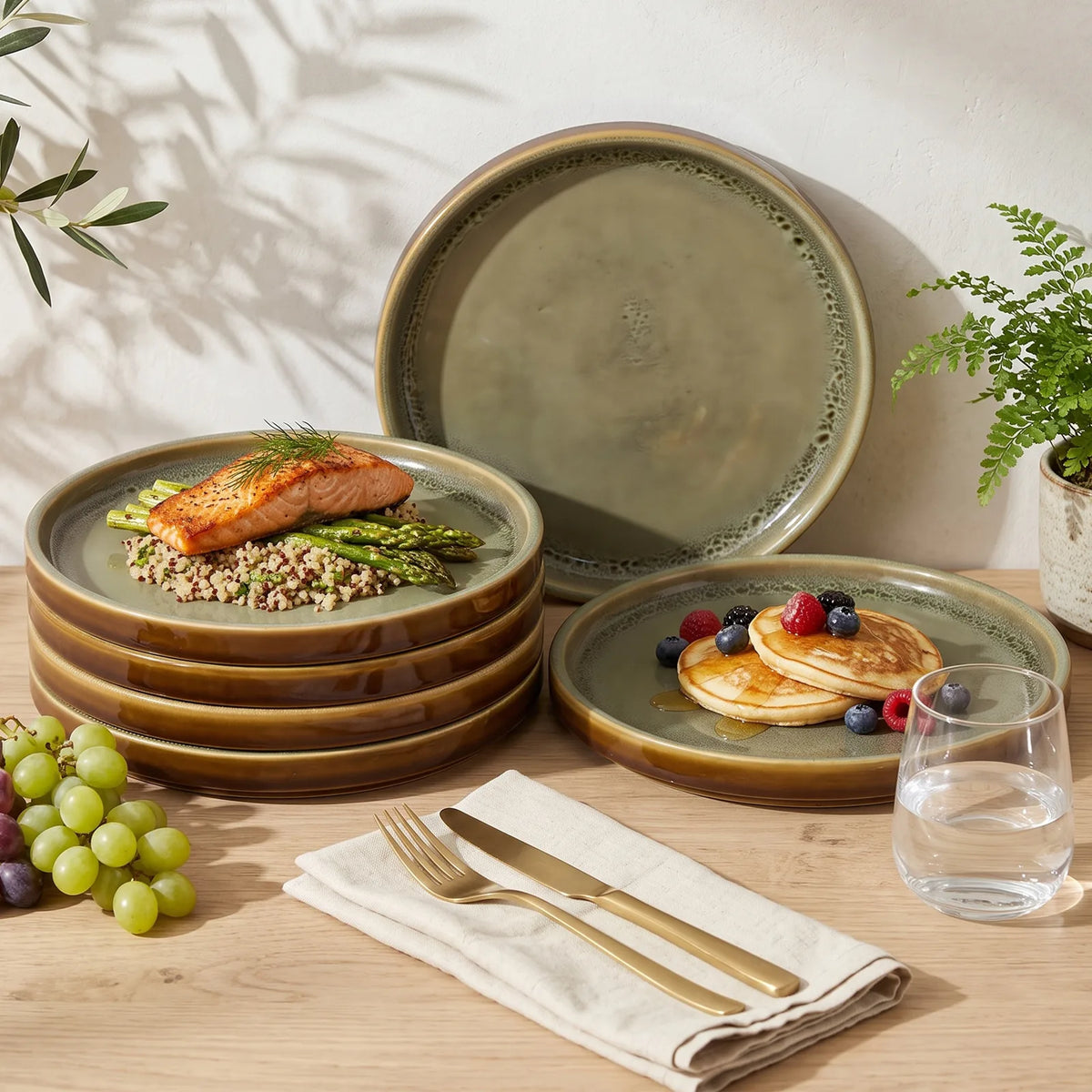 Olive Green Ceramic Dinner Plates, Set of 6