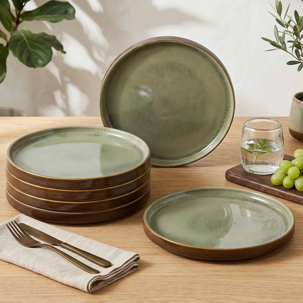 Grove ceramic quarter plate, sage green speckled with a warm brown rim
